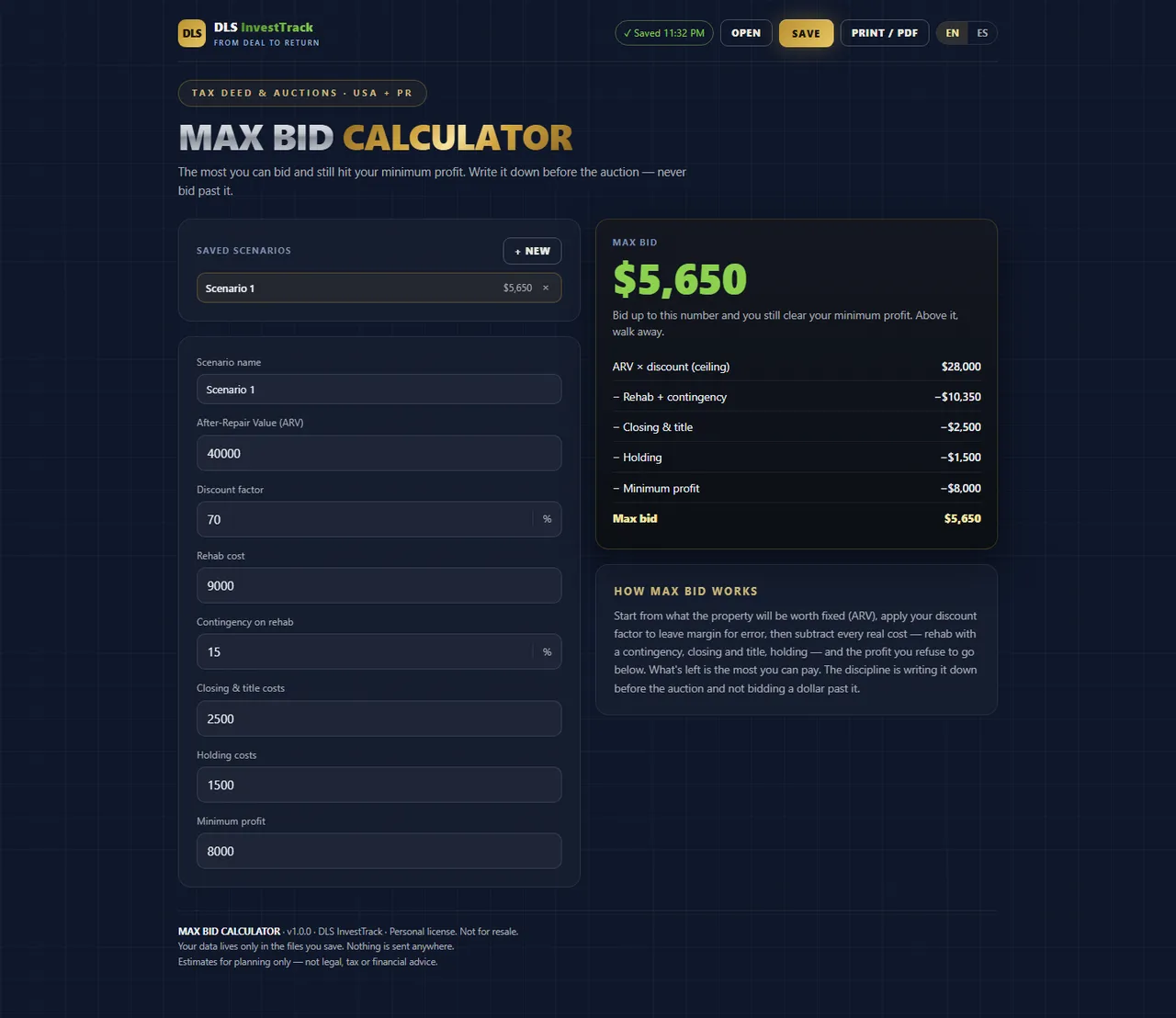 Max Bid Calculator interface