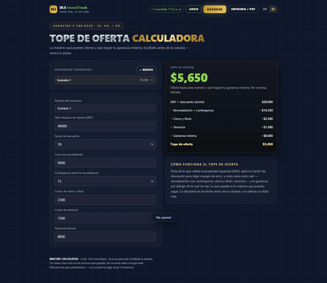 Calculadora de tope de oferta interface