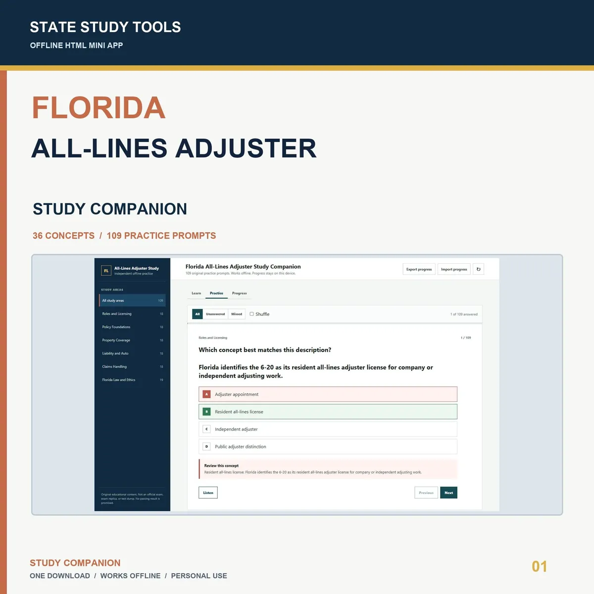 Portada de Guía de Estudio para Ajustador de Todas las Líneas — Florida