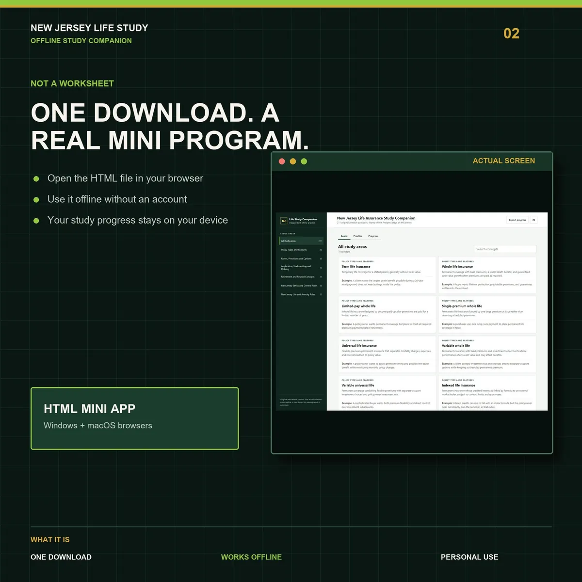 New Jersey Life Insurance Study Companion: the offline mini app running in a browser