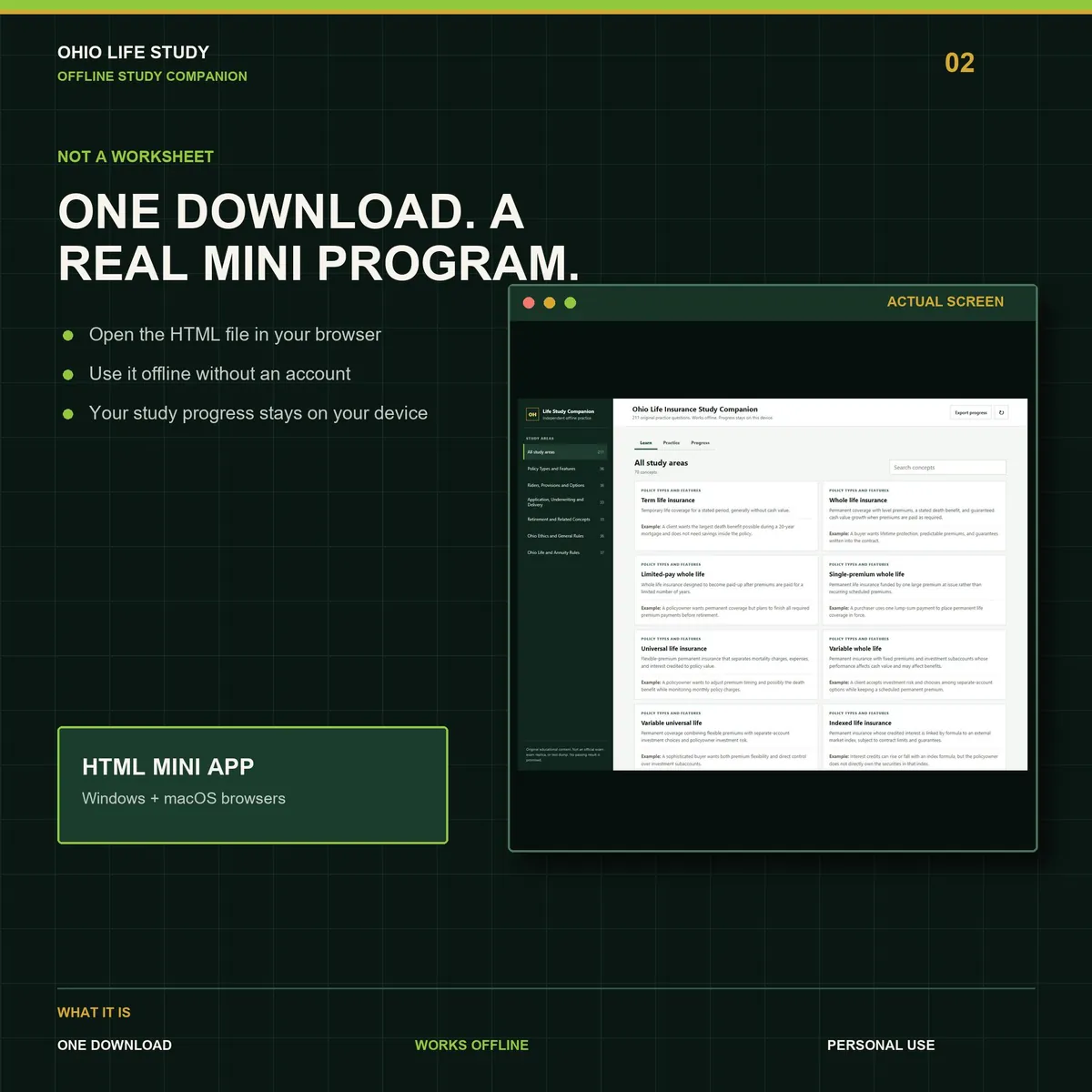 Ohio Life Insurance Study Companion: the offline mini app running in a browser