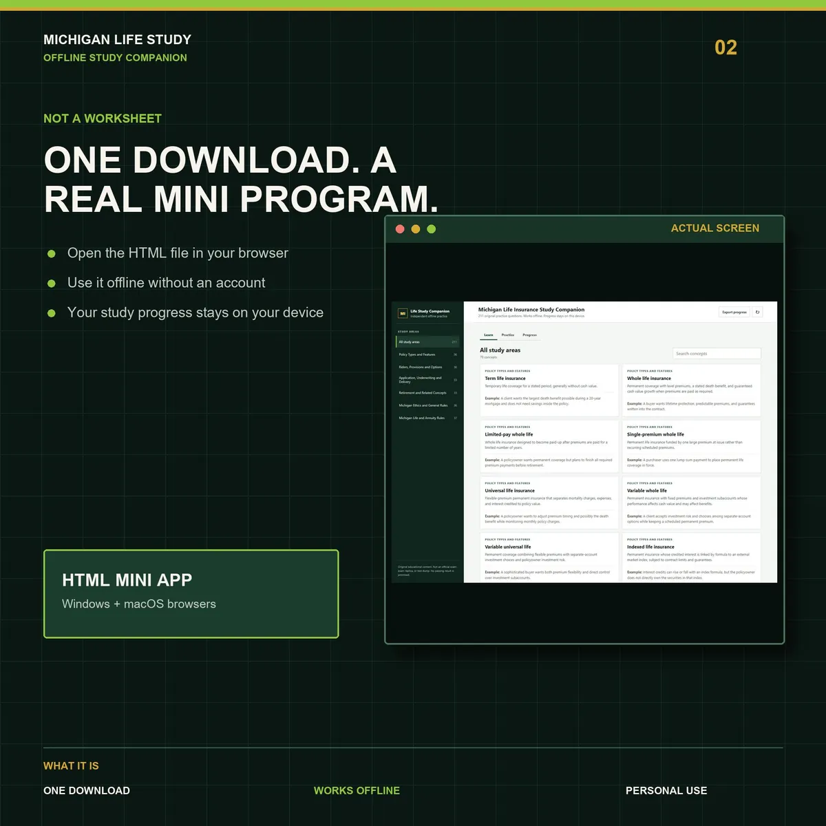 Michigan Life Insurance Study Companion: the offline mini app running in a browser